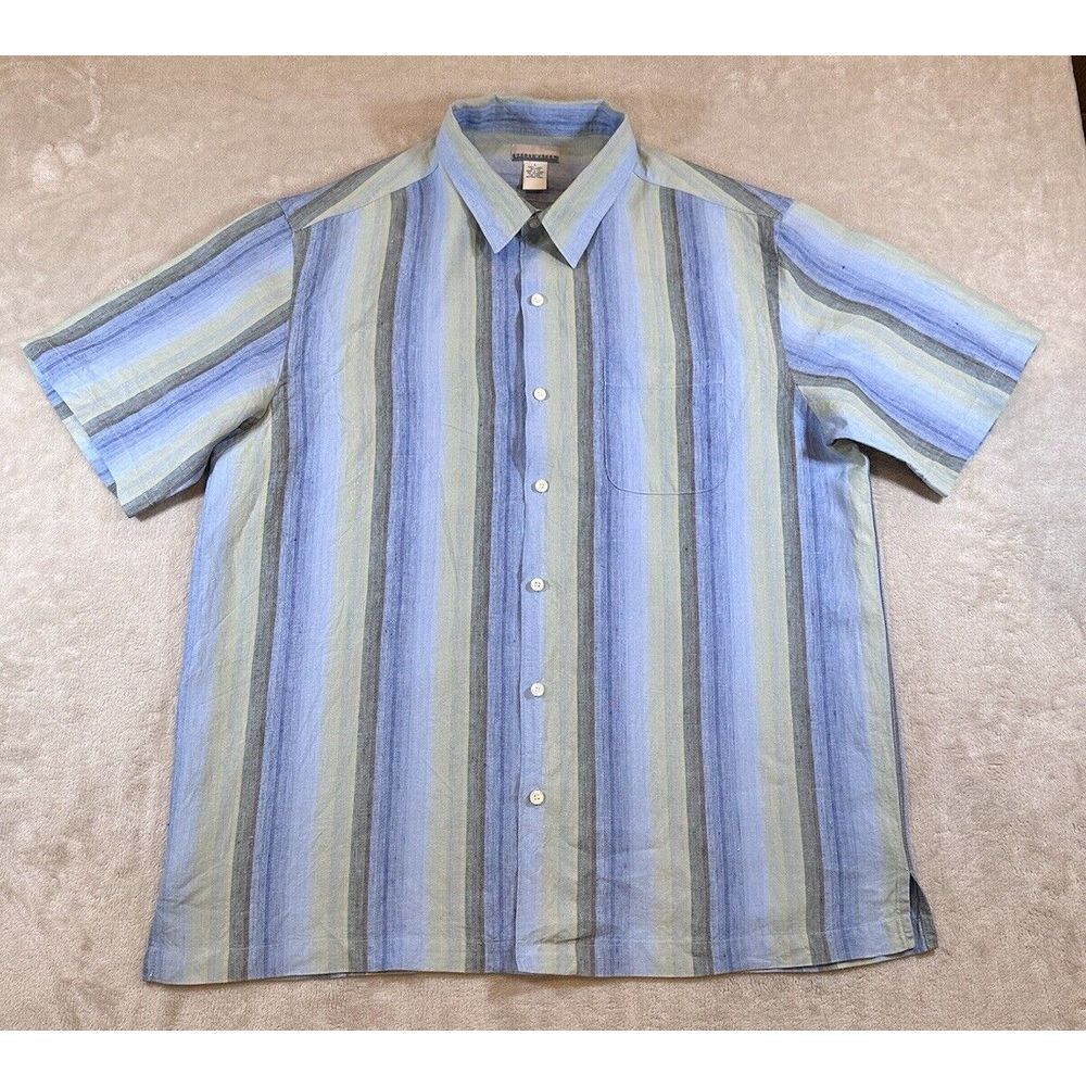 Breakwater 100% Linen Shirt Men's Size L Large Button Up‎ Blue Green Stripe